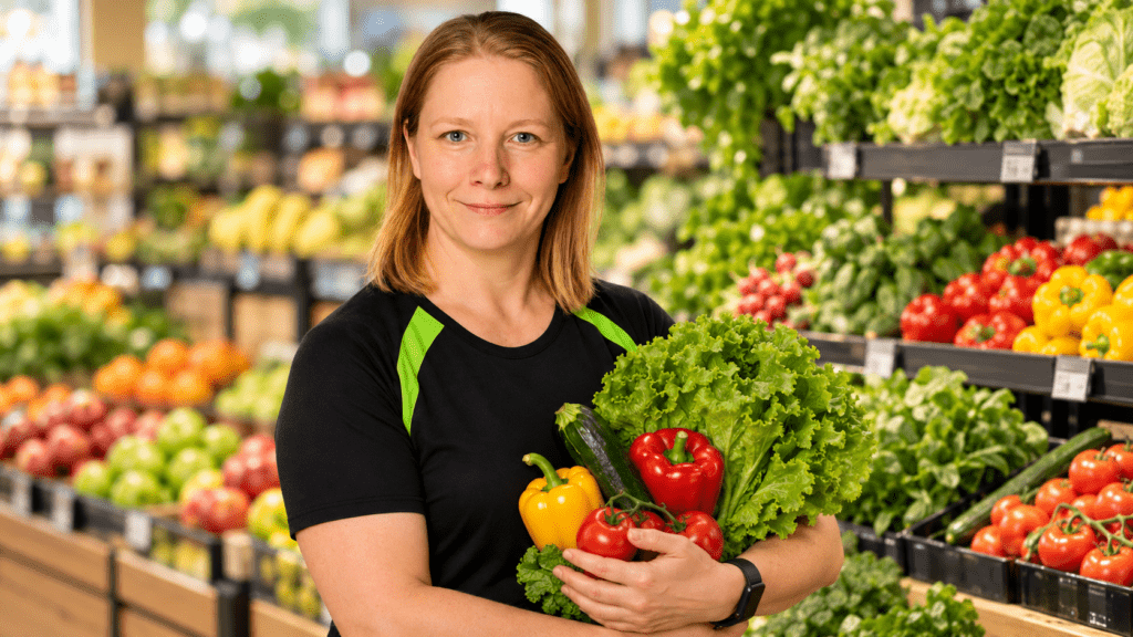 Ernährungsberaterin Swetlana hält frisches Gemüse in der Obst- und Gemüseabteilung eines Supermarkts