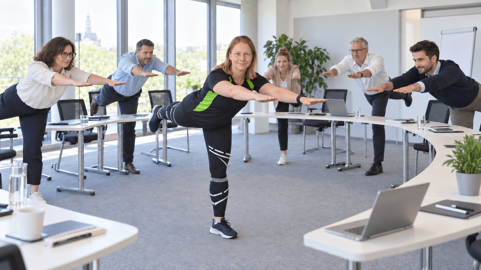Personal Trainerin Swetlana leitet eine Mobilisations und Koordinationsübung beim Firmenfitness im Büro an.