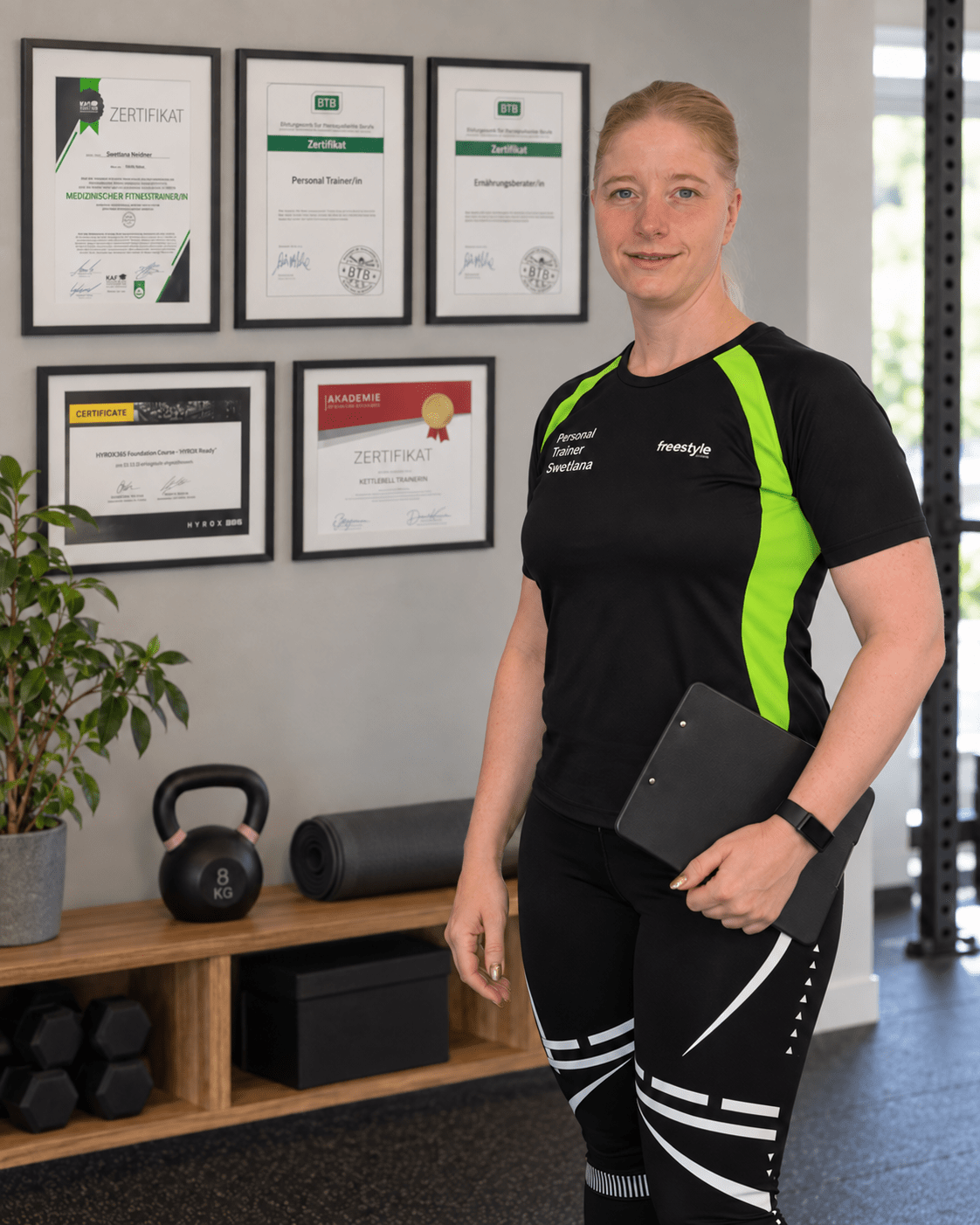 Personal Trainerin Swetlana mit einer Mappe vor ihren gerahmten Lizenzen und Zertifikaten im Trainingsstudio in Essen.